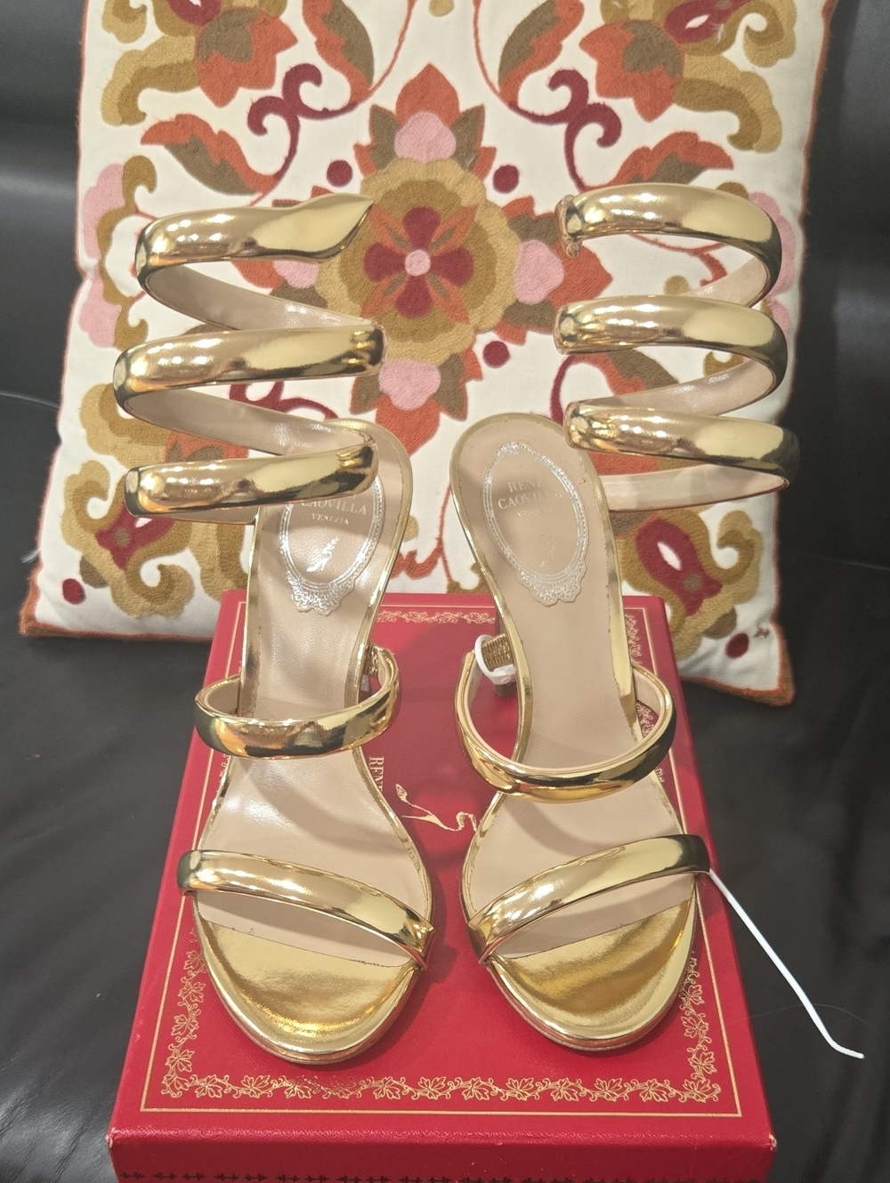 Renee Caovilla Cleo Gold Spiral Strap Women's Heeled Sandals Size 38